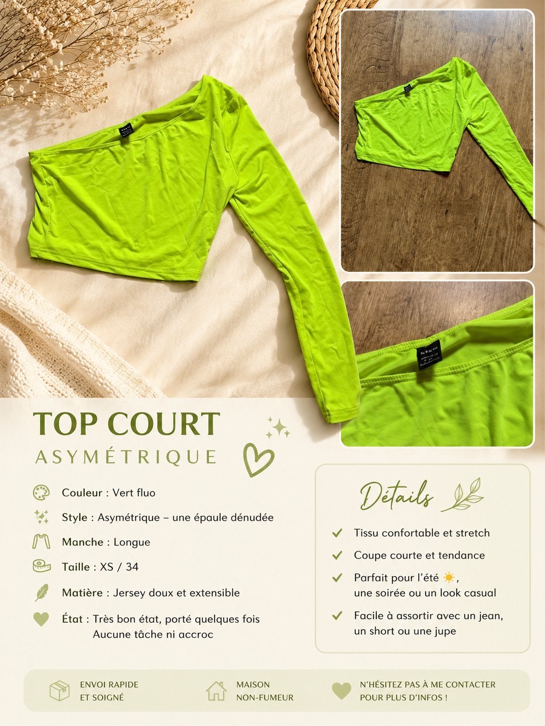 Top court asymétrique jaune fluo, Enlèvement ou Envoi, Comme neuf, Taille 34 (XS) ou plus petite, Jaune