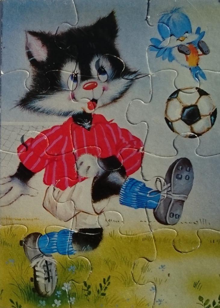 kinder puzzel 12 grote stukken kat+voetbal, Enlèvement ou Envoi, 10 à 50 pièces, Utilisé