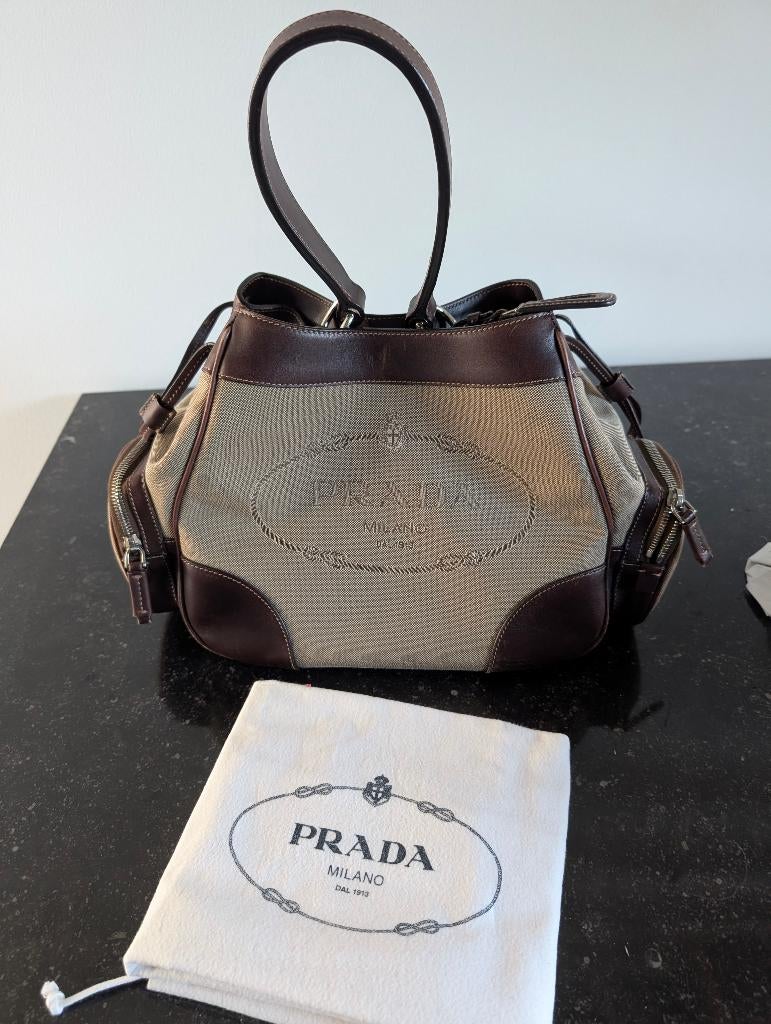 Sac en cuir en toile jacquard à logo Prada, Enlèvement, Comme neuf, Beige, Sac à main