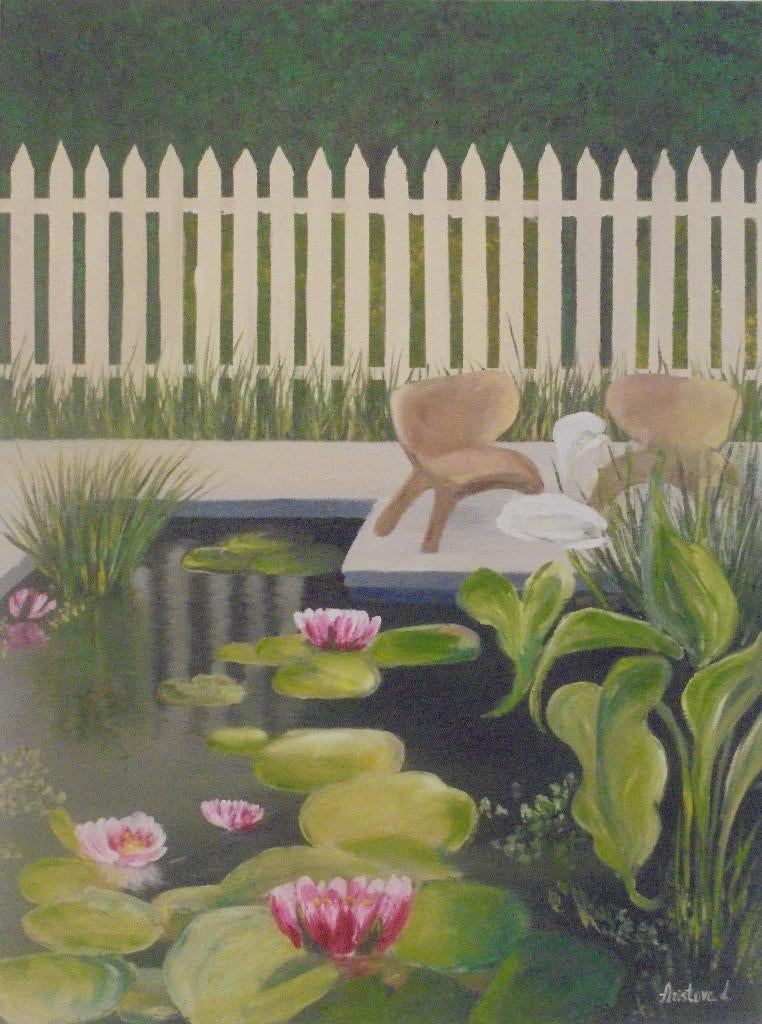 peinture à l'huile jardin avec étang (60x80), Enlèvement ou Envoi