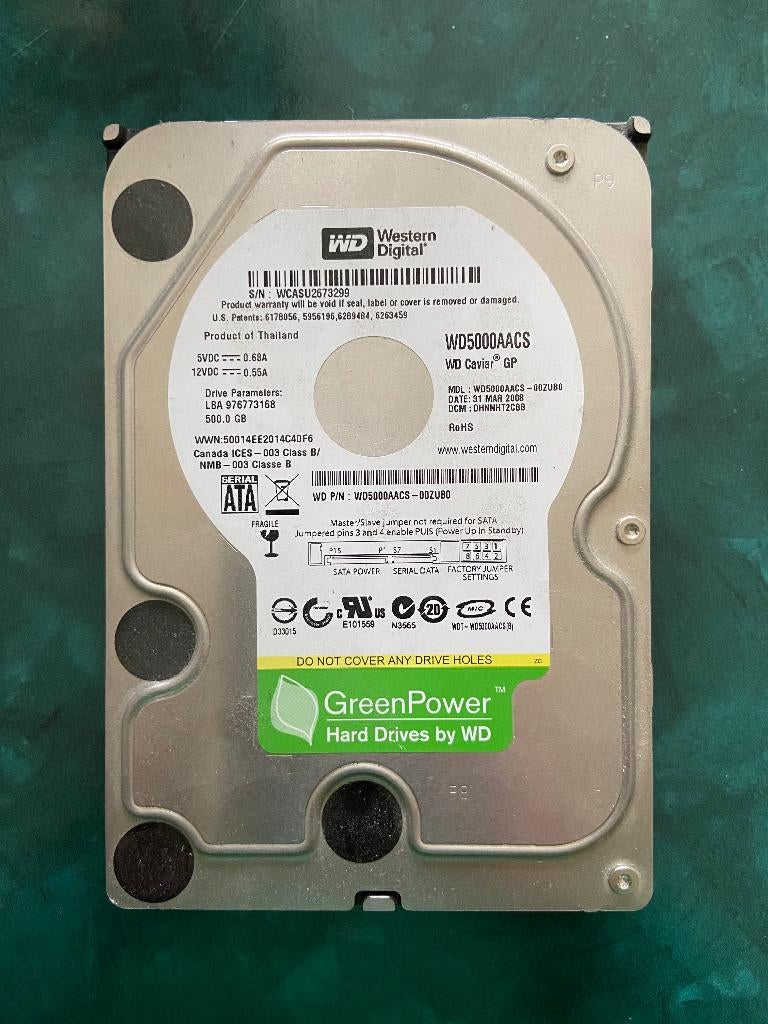 WD Green 500GB HDD – Energiezuinig & Stil – WD5000AACS, Intern, Gebruikt, Desktop, SATA