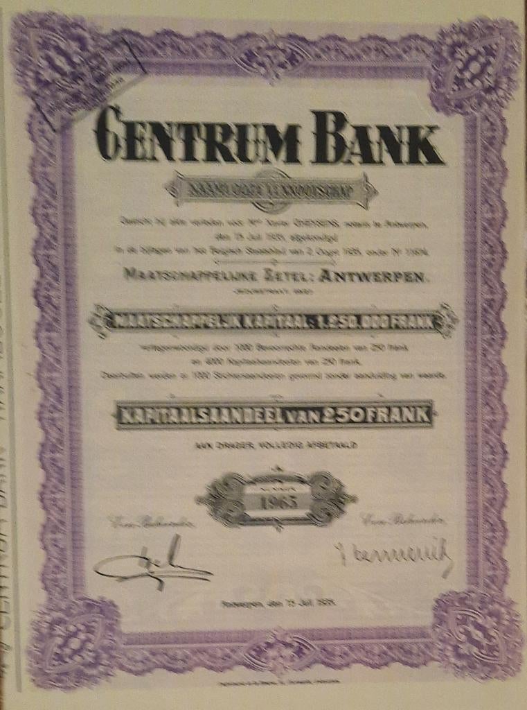 Centrumbank - antwerpen - aandeel   - 1935, Postzegels en Munten, Ophalen of Verzenden, 1920 tot 1950, Aandeel
