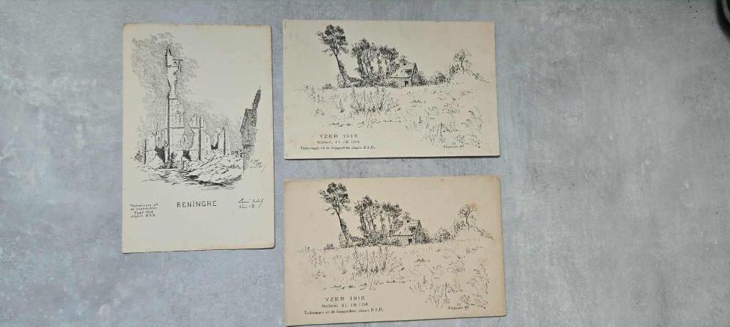 3 teekeningen uit de loopgrachten yzer 1925, Verzamelen, Gebruikt, Verzenden, Voor 1940, Prent