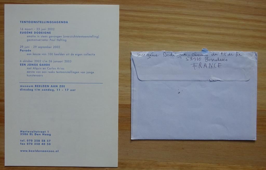 Eugène Dodeigne, folder en briefje, signed**, Boeken, Ophalen of Verzenden, Zo goed als nieuw, Beeldhouwkunst