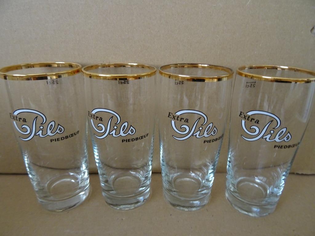 Vintage Bierglazen Extra Pils Piedbœuf bierglas verguld 4x, Verzamelen, Ophalen of Verzenden, Gebruikt, Glas of Glazen, Overige merken