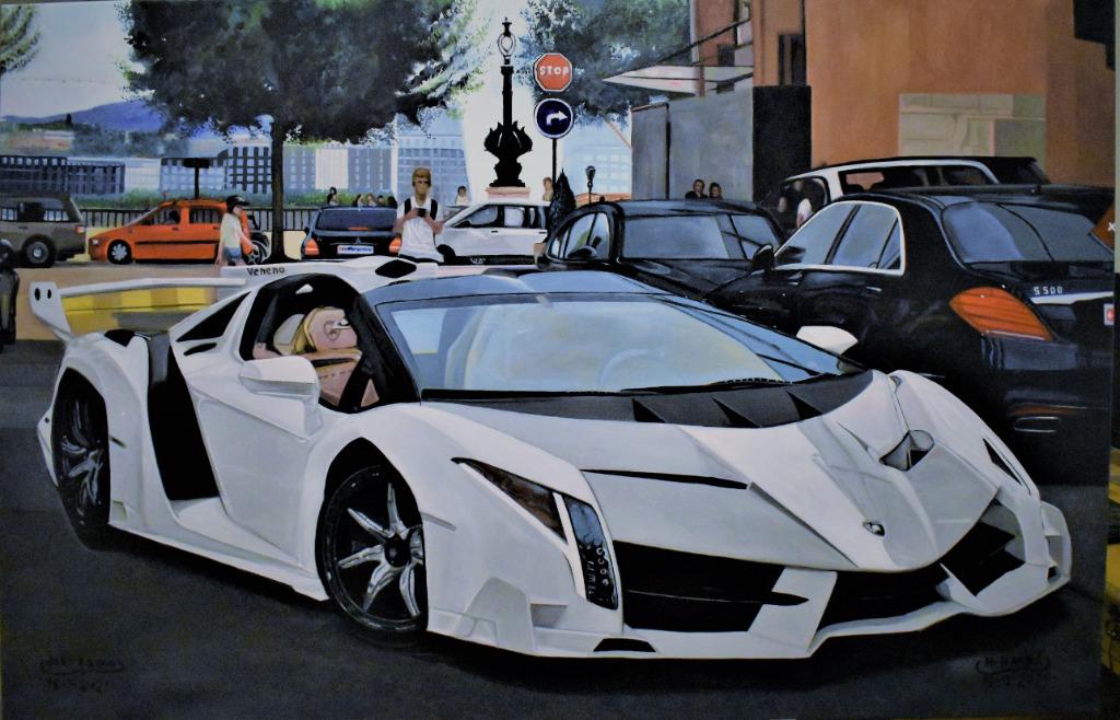 Lamborghini Veneno supercar painting, signed joky kamo, Antiquités & Art, Art | Peinture | Moderne, Enlèvement