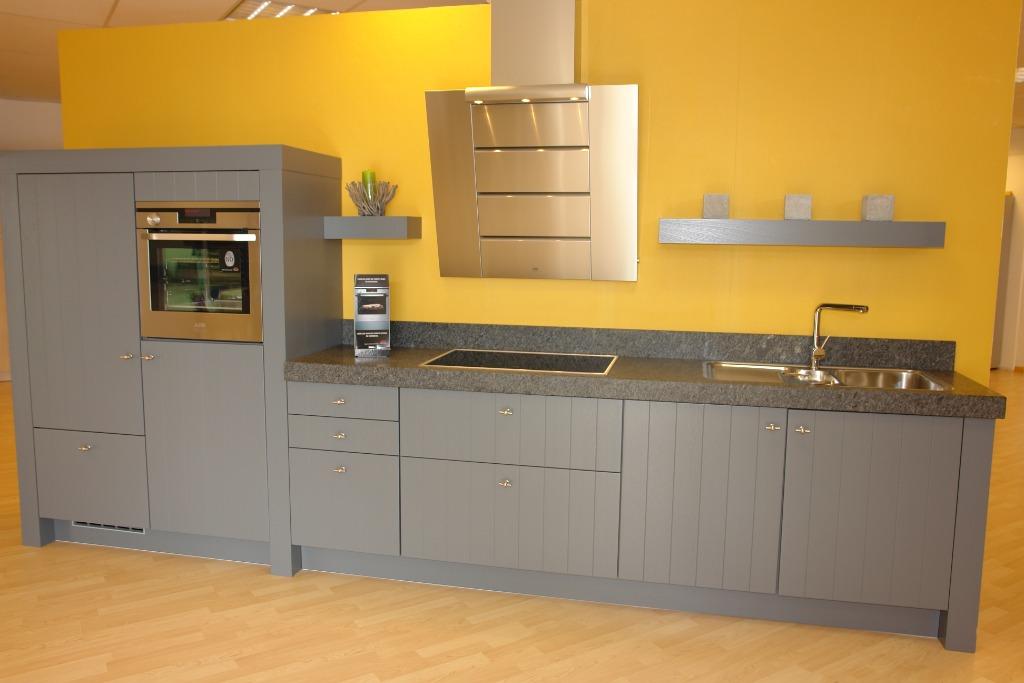 FINEER KEUKEN MEMORY GRIJS MET GRANIET, Ophalen, Graniet of Steen, Enkelwandige keuken, Grijs