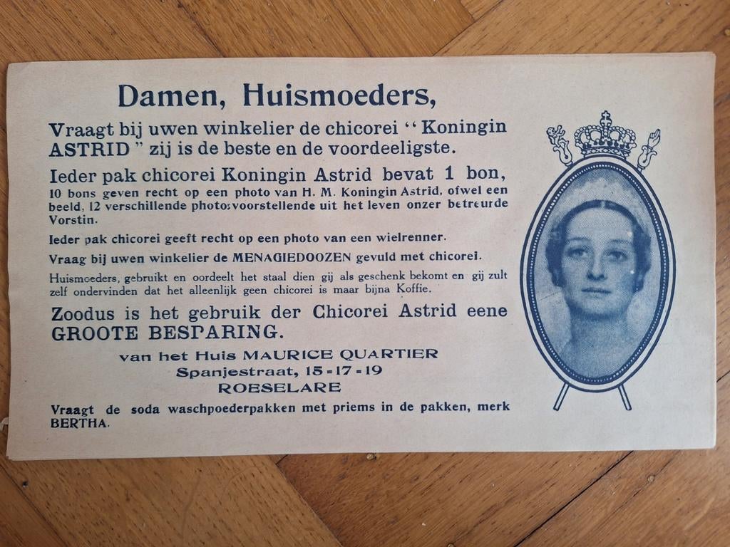 5x oud reclameleaflet Chicorei Astrid Quartier Roeselare, Verzamelen, Ophalen of Verzenden