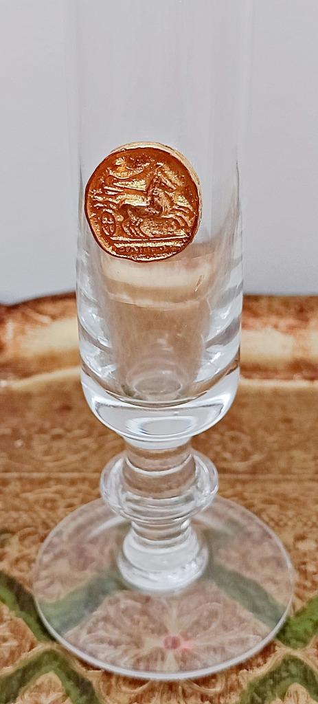 6 verres à liqueur verre souflé, sceau attelage romain doré, Ophalen of Verzenden