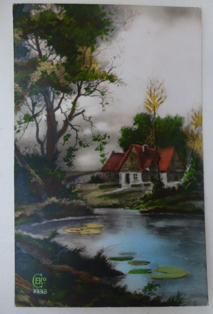 vieille carte postale maison étang arbre, Collections, Envoi, Affranchie, Nature