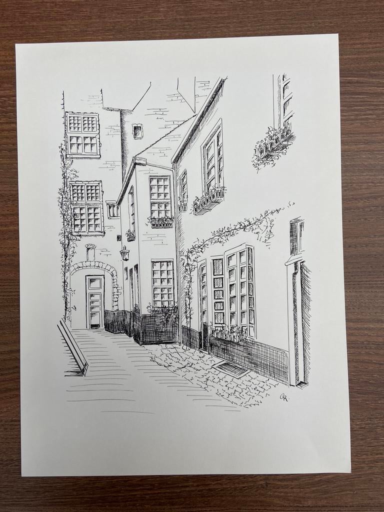 Tekening Façades van huizen in steeg, Ophalen of Verzenden