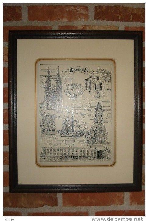 oude gravure van Oostende, kader, tekening G. Swaenepoel, Antiquités & Art, Enlèvement ou Envoi