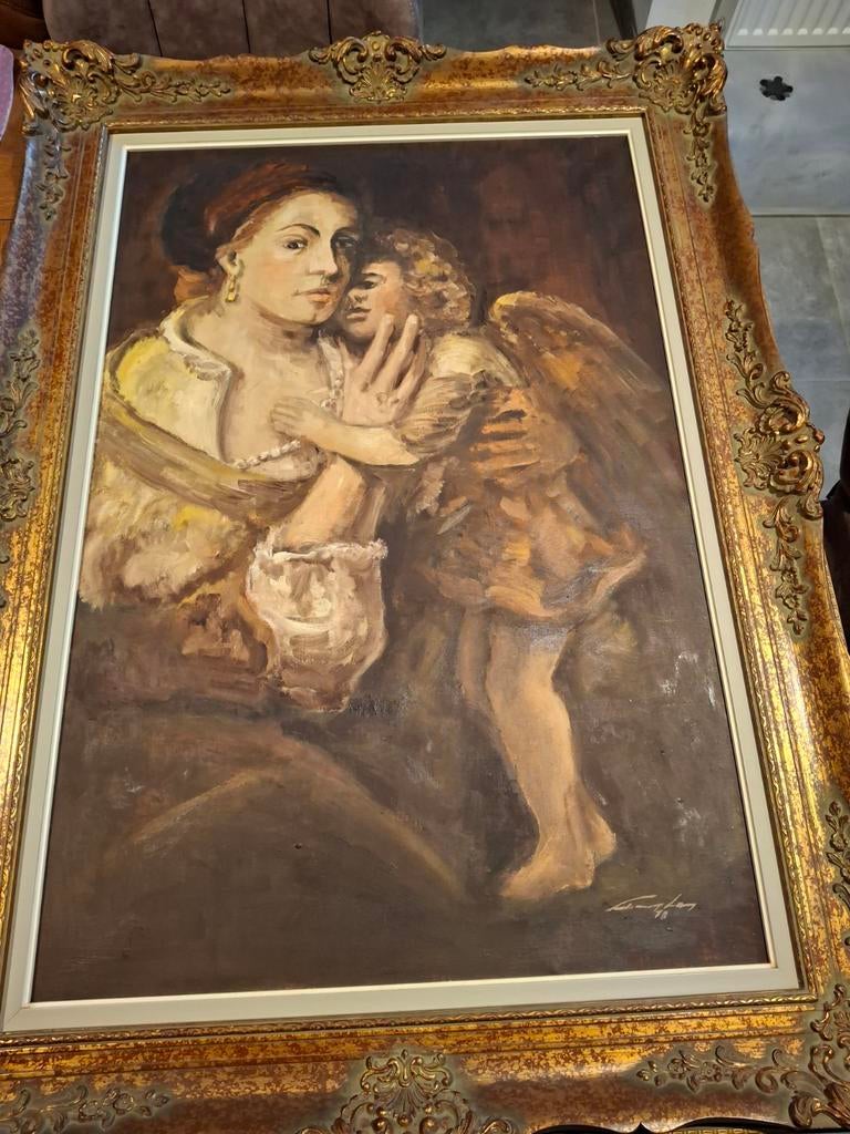 Groot schilderij van moeder met engel. 112 x 82 op doek, Antiek en Kunst, Ophalen