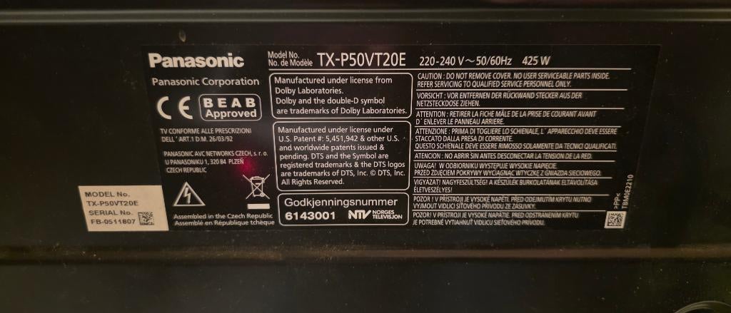Panasonic TX-P50VT20E (50" plasma tv), Audio, Tv en Foto, Ophalen, Gebruikt, Panasonic, 50 Hz