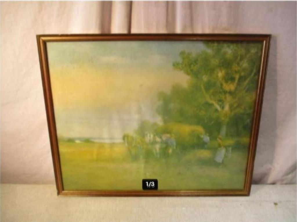 Très ancienne aquarelle peinte 'Chevaux et foin' - signée, Antiquités & Art, Enlèvement ou Envoi