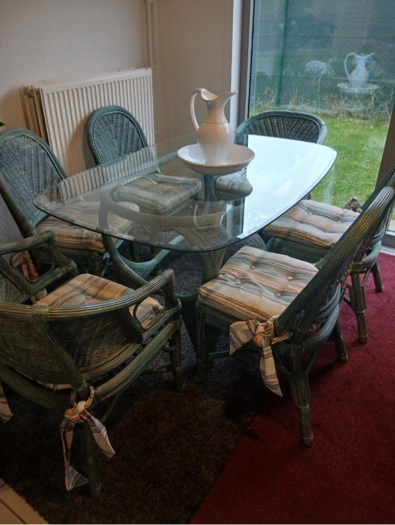 Superbe table de salle à manger en rotin avec 6 chaises, Enlèvement, Utilisé, Verre