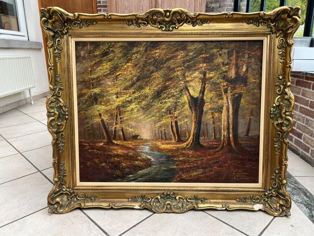 Te koop prachtige klassieke schilderij met boslandschap., Antiek en Kunst, Ophalen, Doek, Landschap, Klassiek