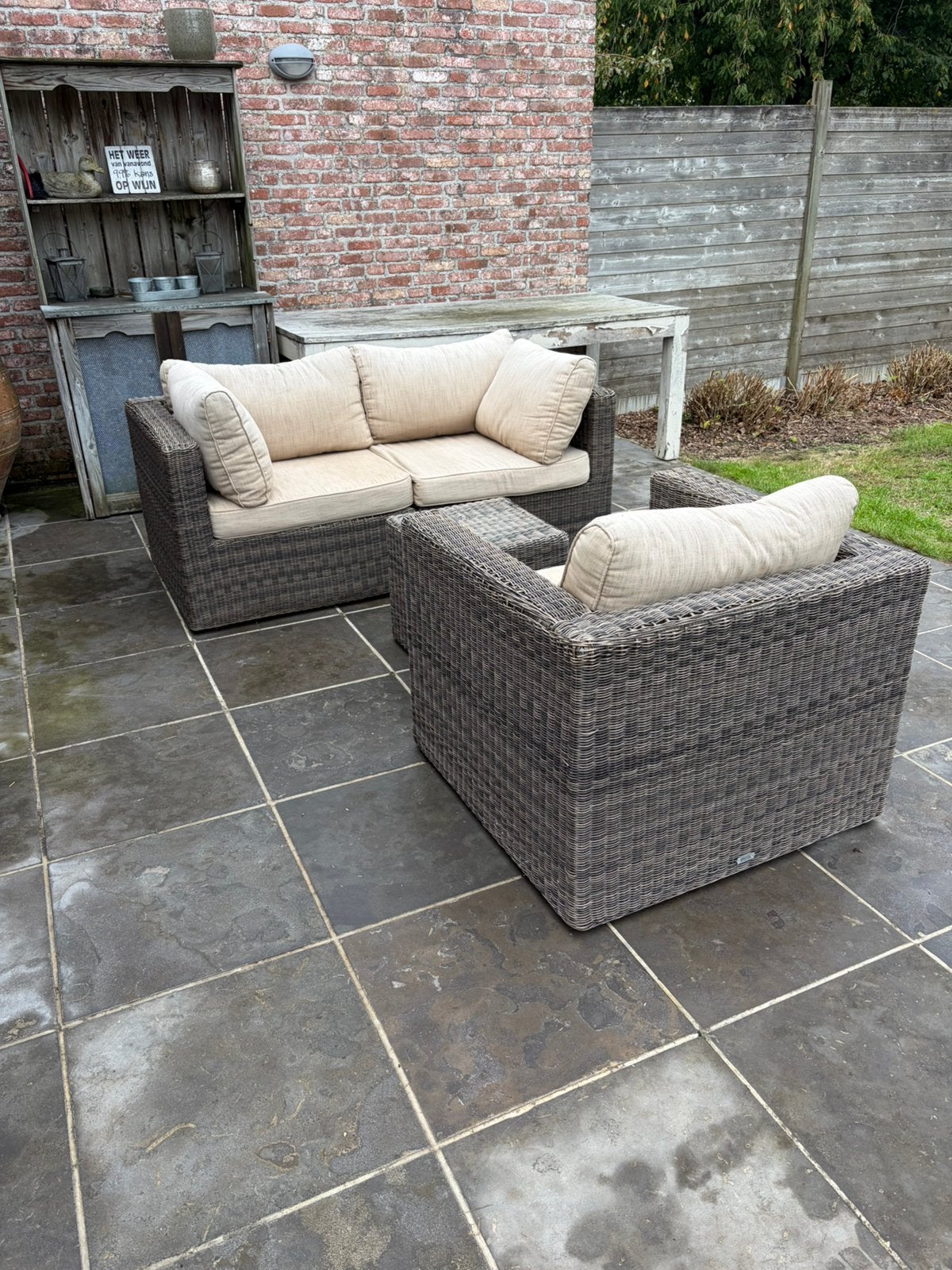 Lounge Bristol 2+1zit+tafel, extra kussens, leuning besch., Tuin en Terras, Ophalen, Gebruikt, Rotan, 3 zitplaatsen