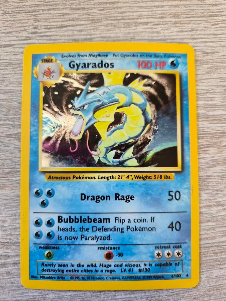 Gyarados holo base set 6/102, Hobby en Vrije tijd, Ophalen of Verzenden, Gebruikt, Losse kaart, Foil