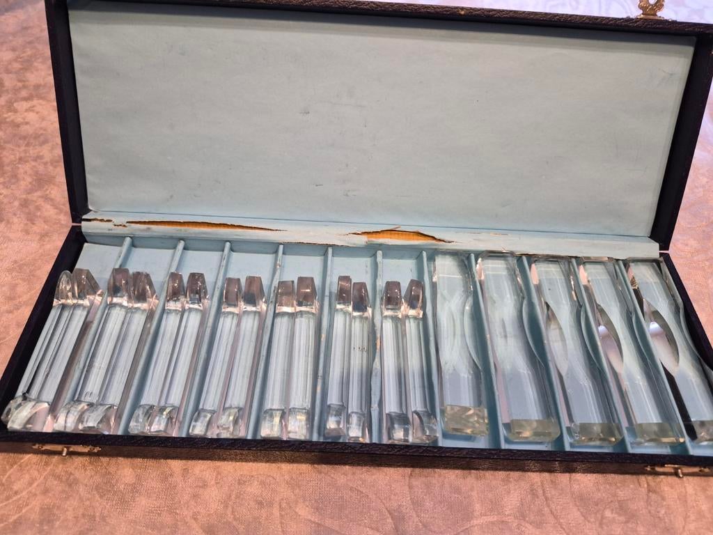 Vintage zilvergekleurde en glazen viskuiterijset met doos!, Antiek en Kunst, Ophalen