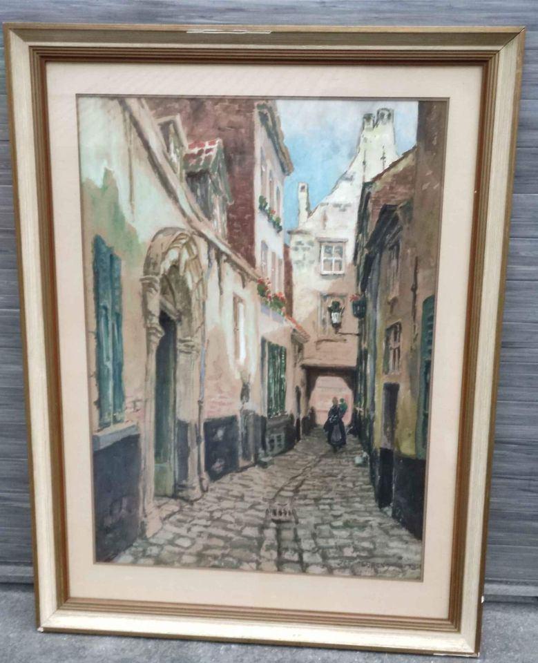 Aquarelle rue des cigognes signe Jef clerens, Enlèvement ou Envoi
