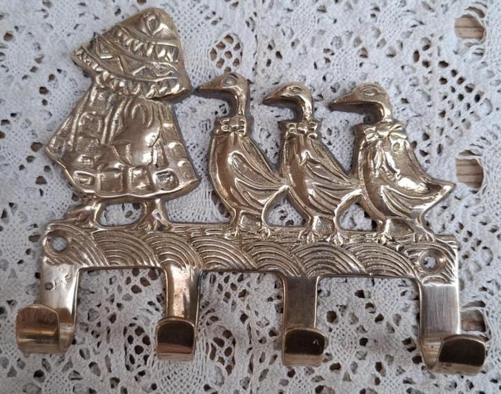 Vintage koperen kapstokje met eenden of ganzen, 4 haakjes, Antiek en Kunst, Curiosa en Brocante, Ophalen of Verzenden