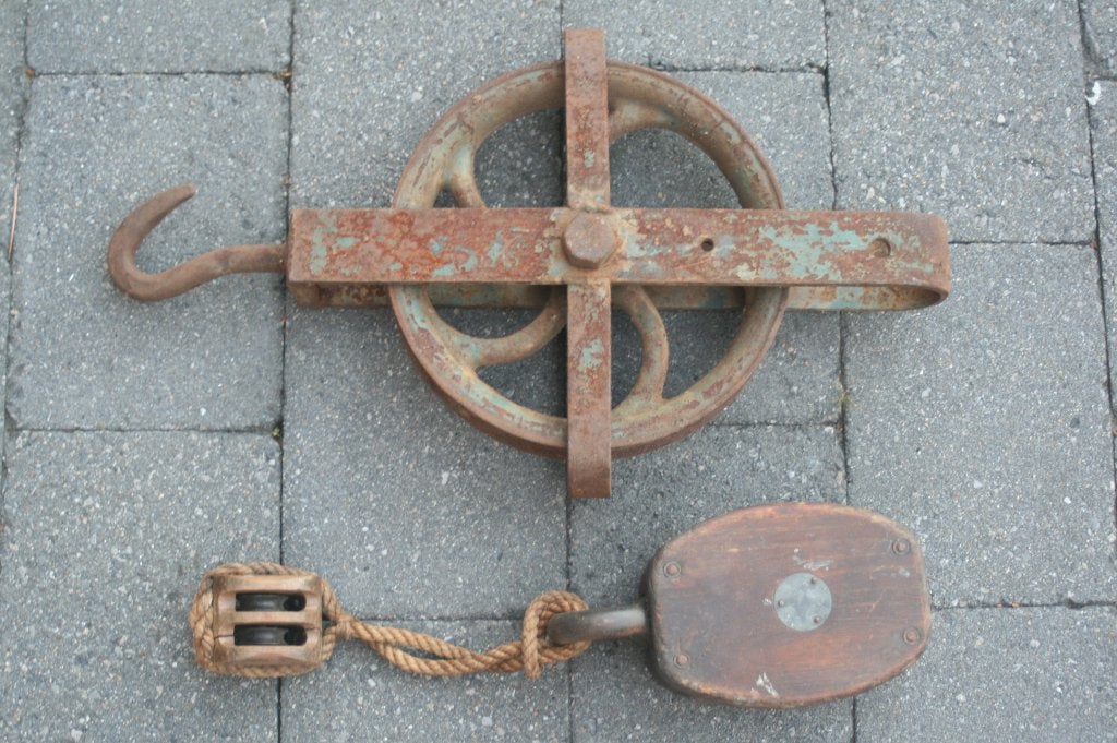 industriële gietijzeren / houten katrol /takel (60cm), Ophalen of Verzenden