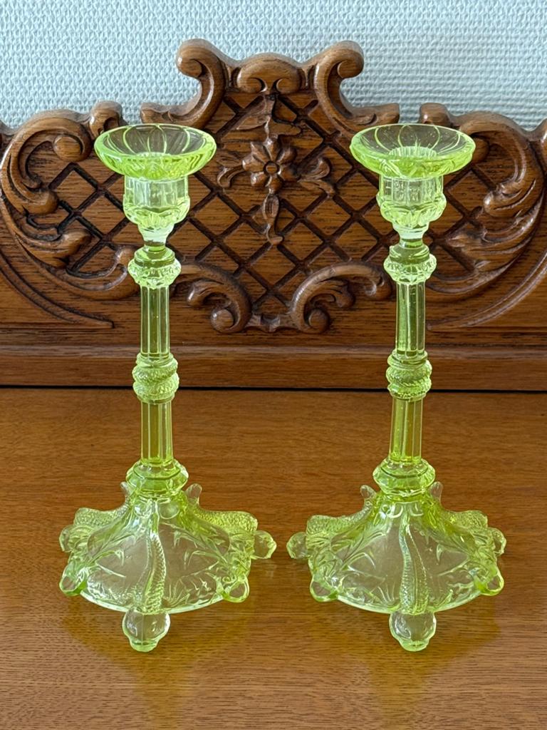 Paar uraniumglas kandelaars van Portieux, Ophalen of Verzenden, Glas