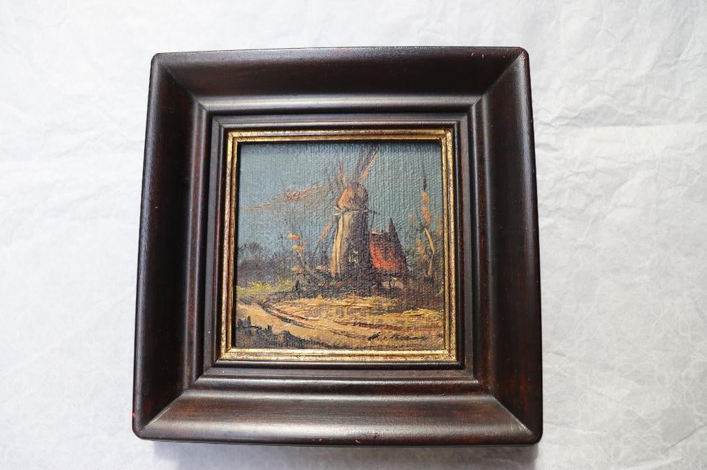 schilderijtje vintage - molen - gesigneerd, Ophalen