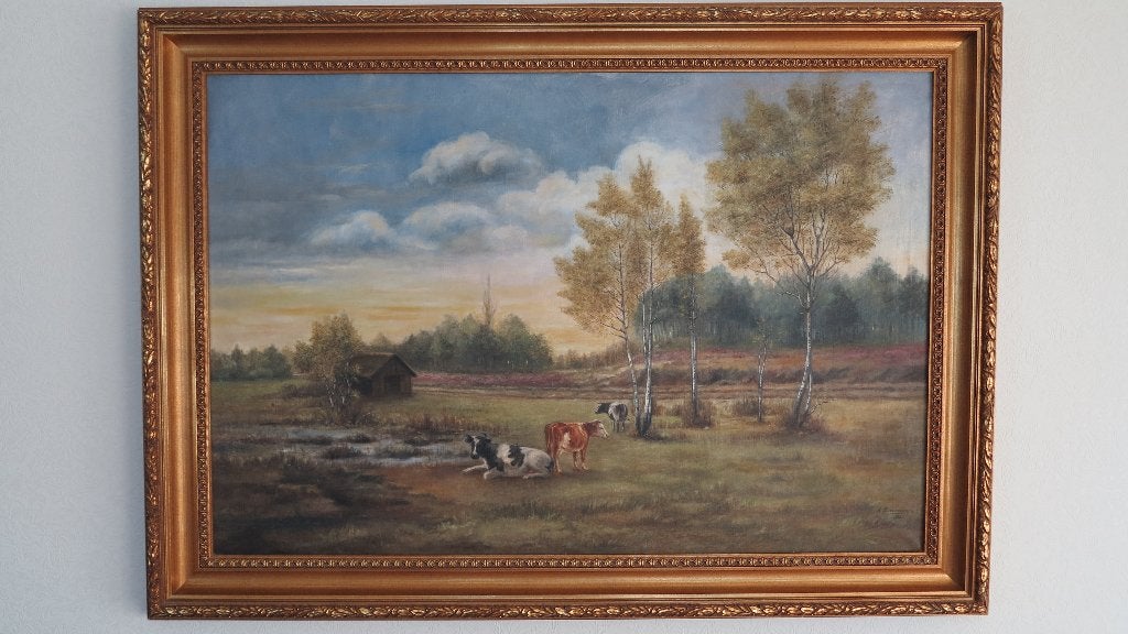 Schilderij landelijk met zware goudkleurige kader, Ophalen