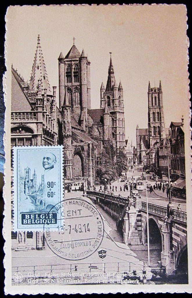 POSTKAART- GENT- ST NIKLAASKERK, BELFORT EN ST BAAFSKERK, Ophalen of Verzenden, 1940 tot 1960, Gelopen, Oost-Vlaanderen