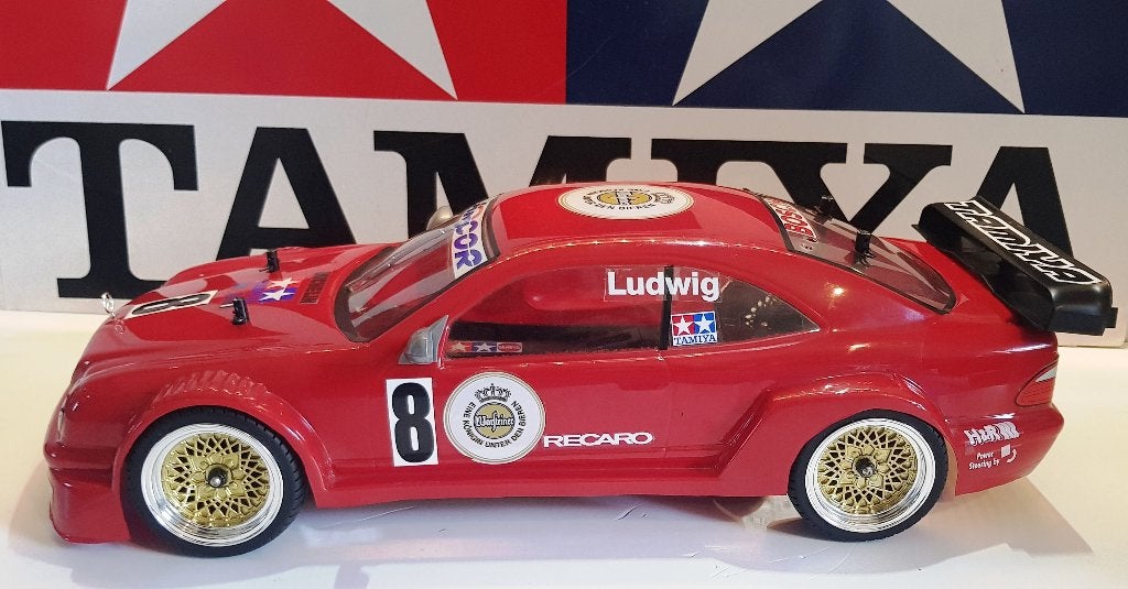 Vintage Tamiya TB-01 chassis met een Mercedes CLK AMG kap, Verzenden, Gebruikt