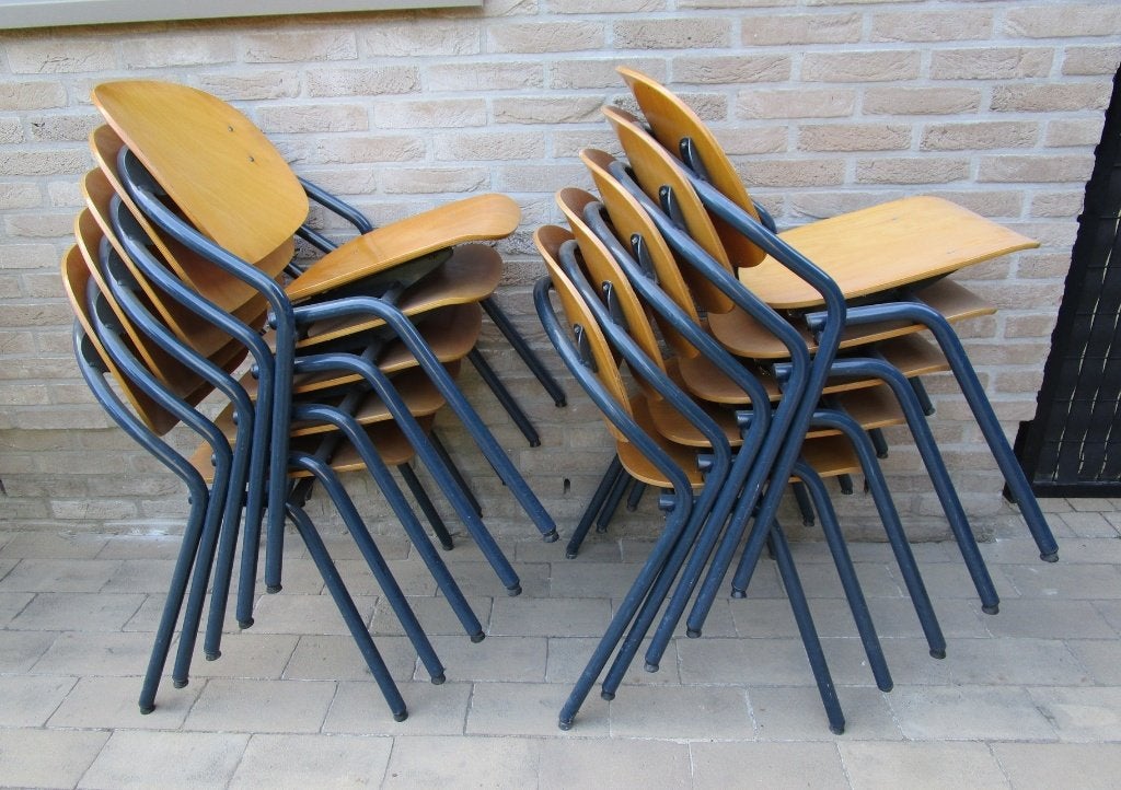 Set van 10 stoelen, stapelstoelen (5 euro/stoel), Maison & Meubles, Chaises, Enlèvement, Bois, Bleu, Cinq, Six Chaises ou plus
