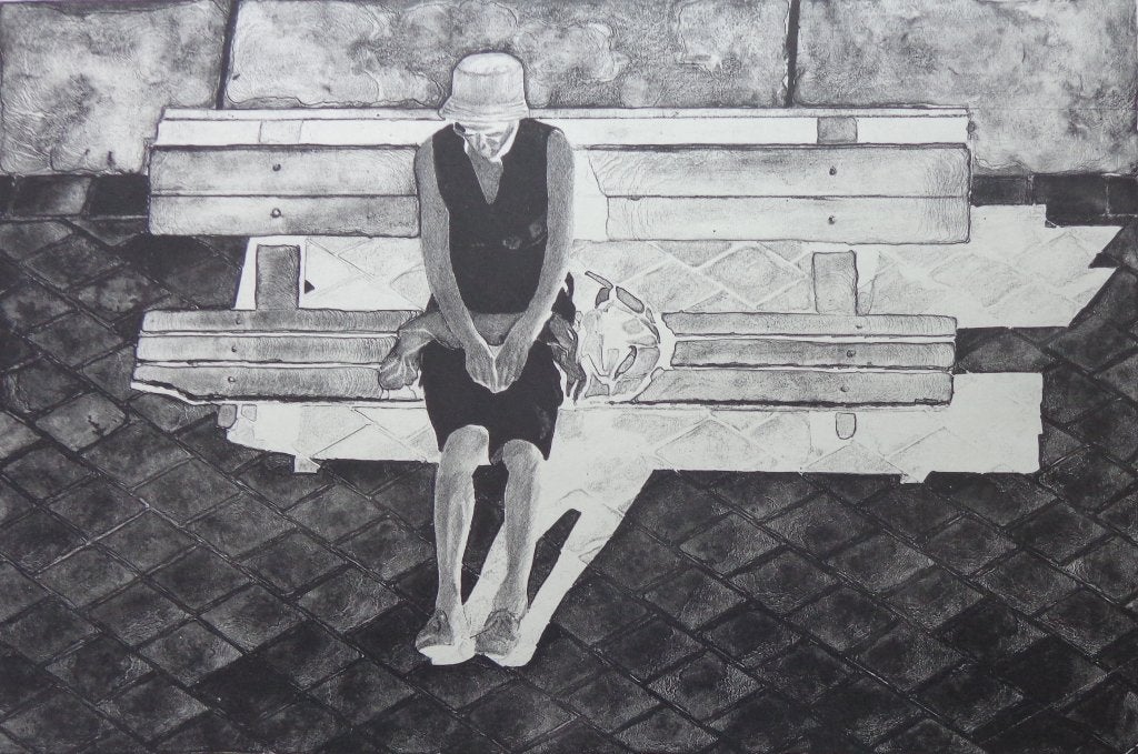 MAX SELEN / RUSTENDE VROUW BANK / ZW-W LITHO / 45x55cm / SIG, Antiquités & Art, Édition limitée, Enlèvement ou Envoi, Portraits et figures