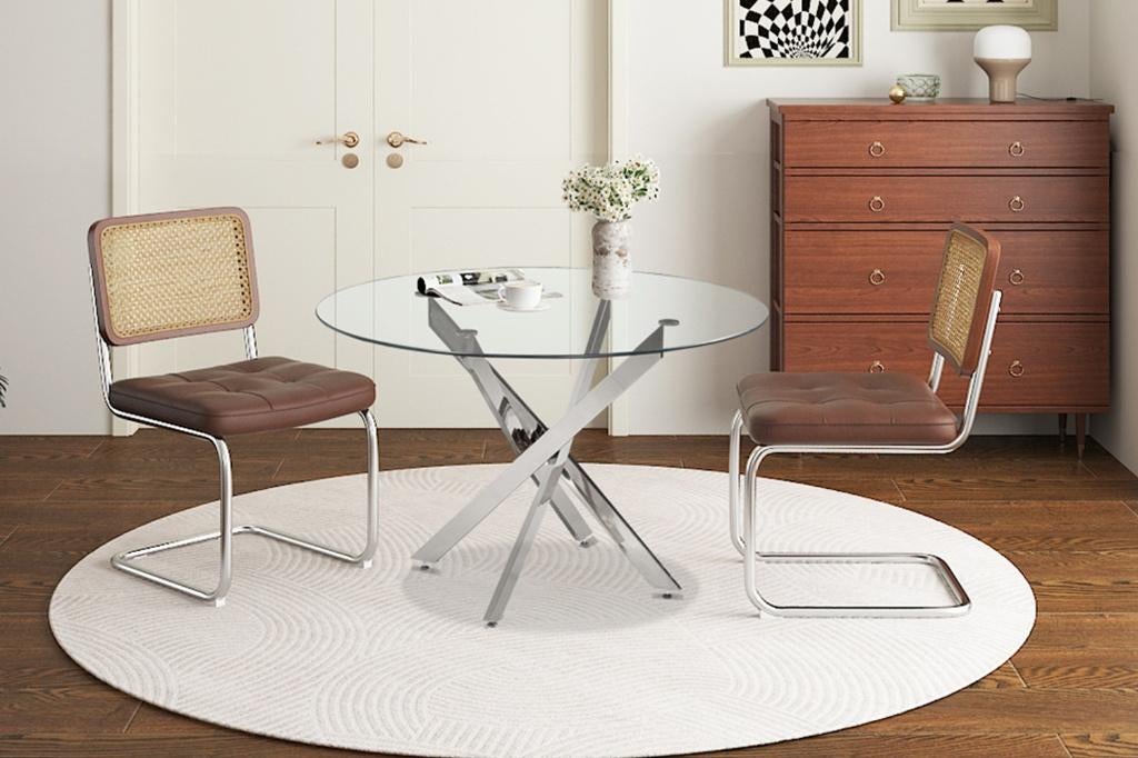 C4Q Tafel 'Lasi' 120 cm rond Glas met chroom poten +Levering, Huis en Inrichting, Rond, Nieuw, Ophalen of Verzenden, Vijf personen of meer