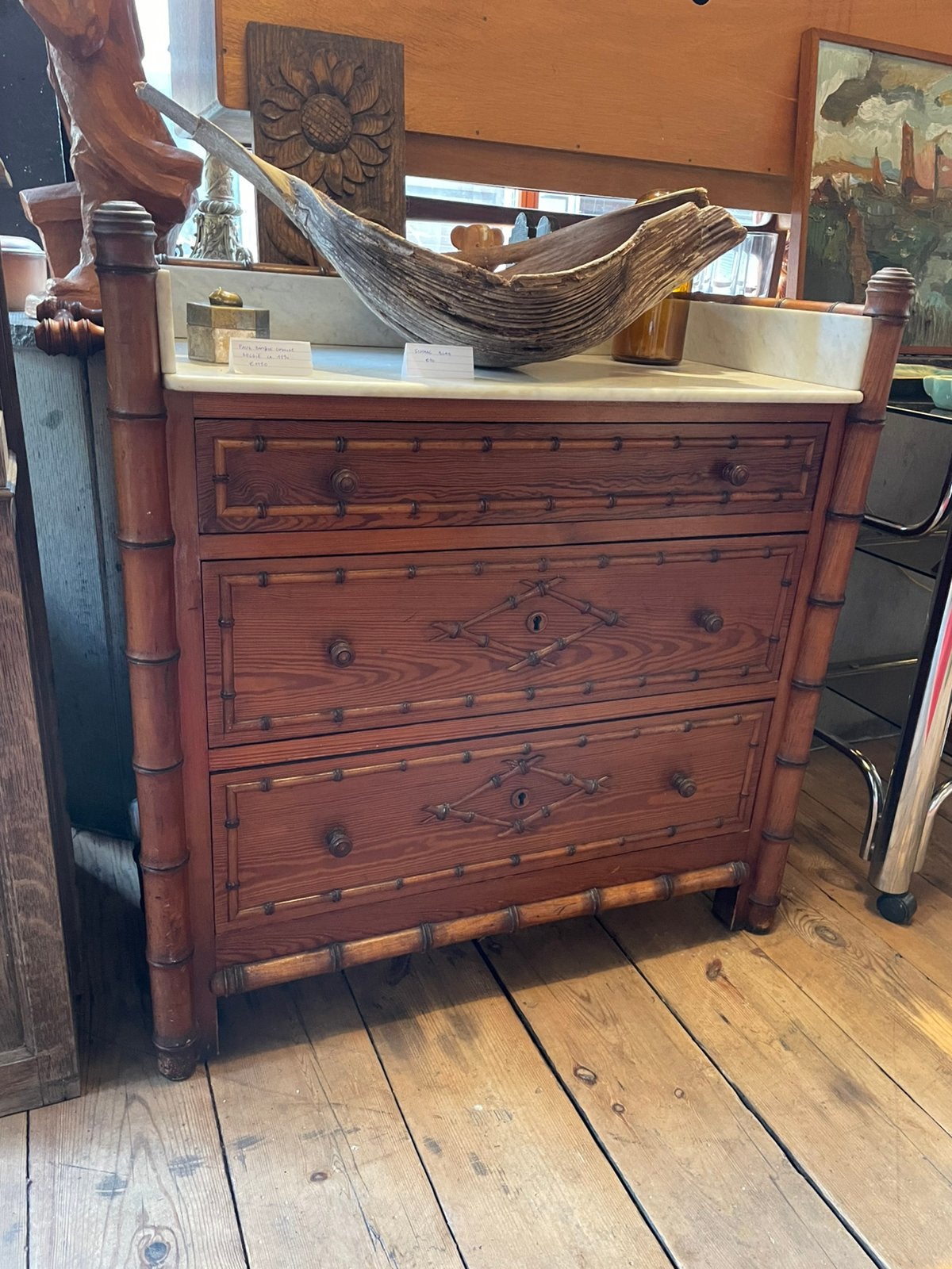 1890 Faux Bamboe Commode Ladekast Antiek Marmer Blad, Enlèvement ou Envoi