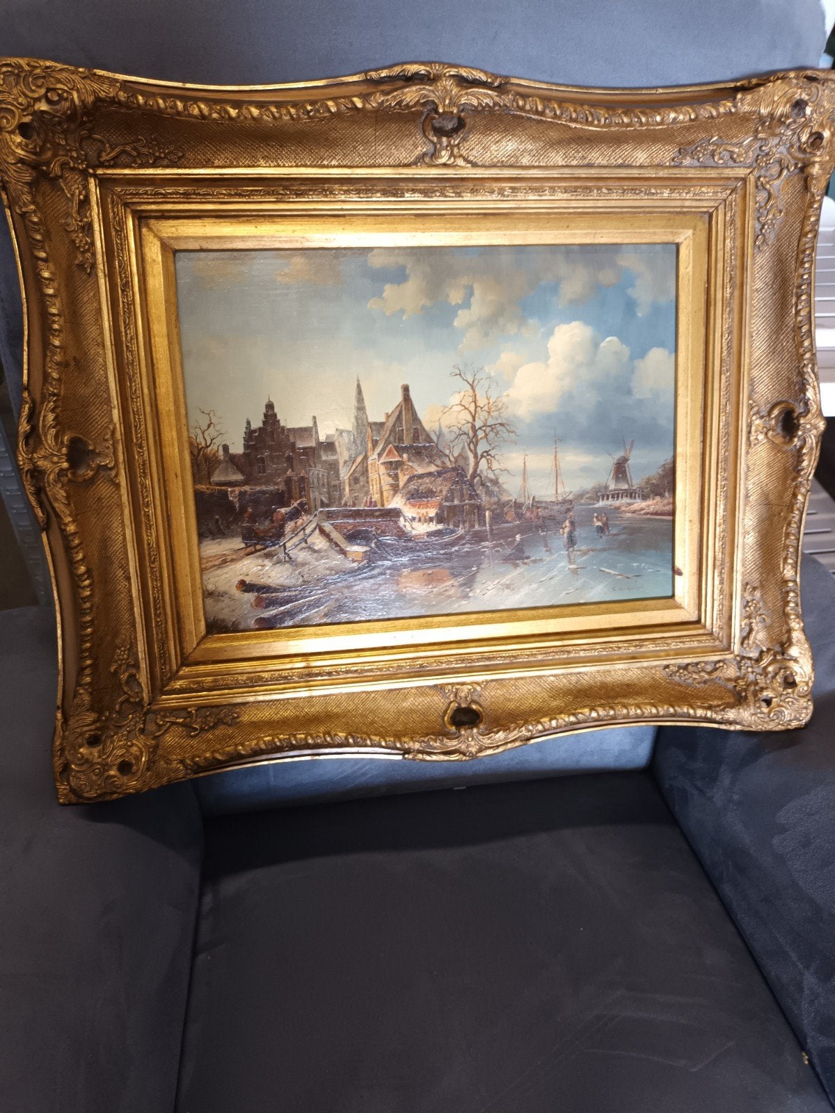 Schilderij R. Van Gompel, Ophalen, Oud hollands, Stads- / dorpsgezicht