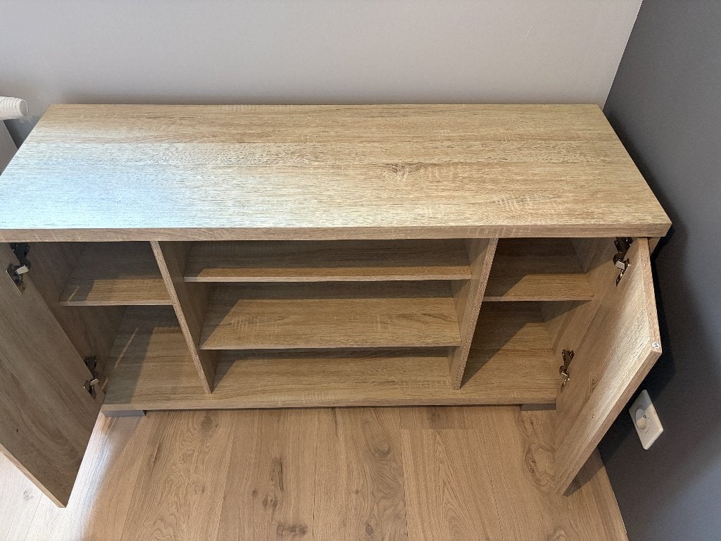 meuble tv, Huis en Inrichting, Kasten |Televisiemeubels, Ophalen, 100 tot 150 cm, Eikenhout, Zo goed als nieuw