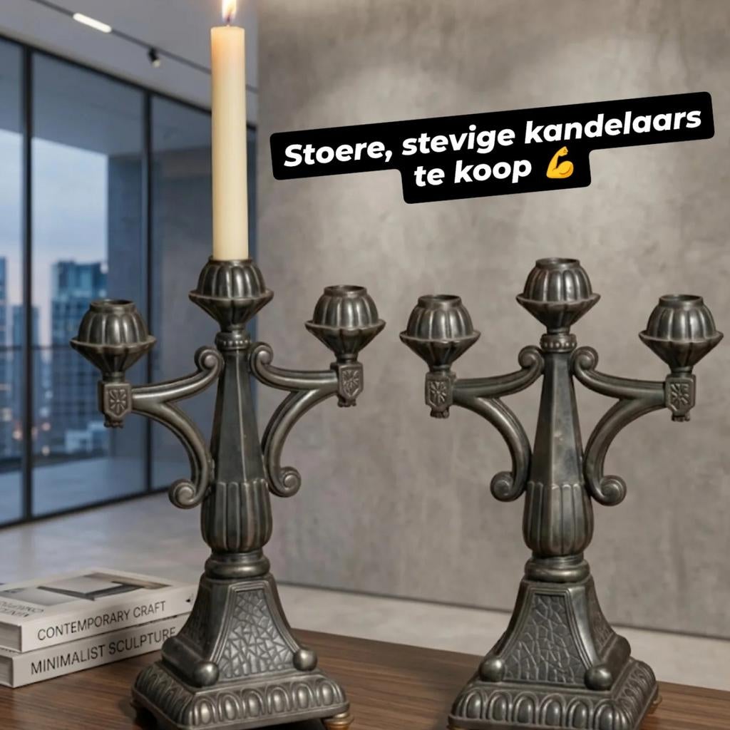 Paar-zware brons patina-kandelaars-Art Deco, Antiek en Kunst, Ophalen