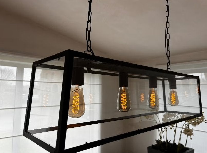 Industriële pendellamp - 4 dimbare ledlampen - stalen frame, Enlèvement, Verre