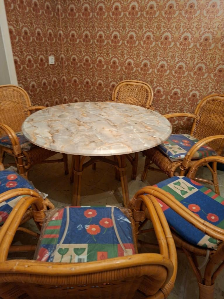 Vintage Bamboe Tuinset - Boho Chic - Tafel & 6 Stoelen, Tuin en Terras, Ophalen, Gebruikt, 6 zitplaatsen, Tuinset
