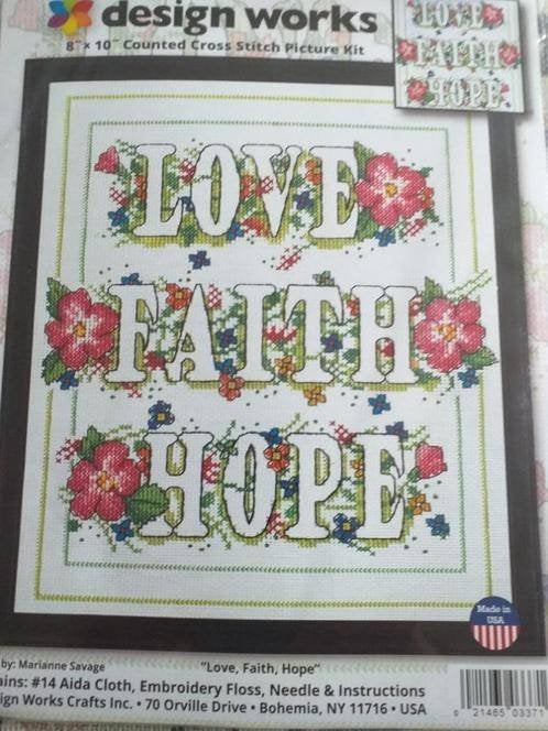 Borduurpakket Love, Faith, Hope van Design Works, Hobby en Vrije tijd, Ophalen of Verzenden, Nieuw, Borduurpakket
