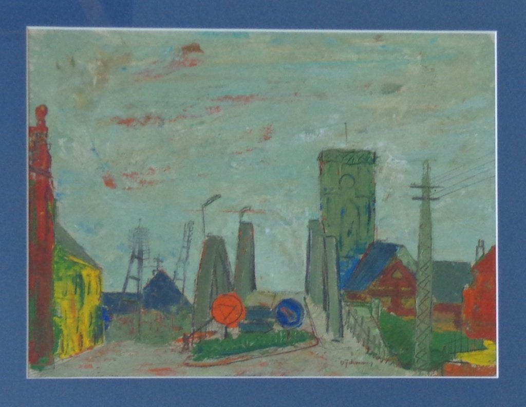 BRUNO DYCKMANS / STADSZICHT / OLIEVERF PAPIER 46x56cm KADER, Antiek en Kunst, Papier/karton, Ophalen of Verzenden, Olieverf, Passe-partout
