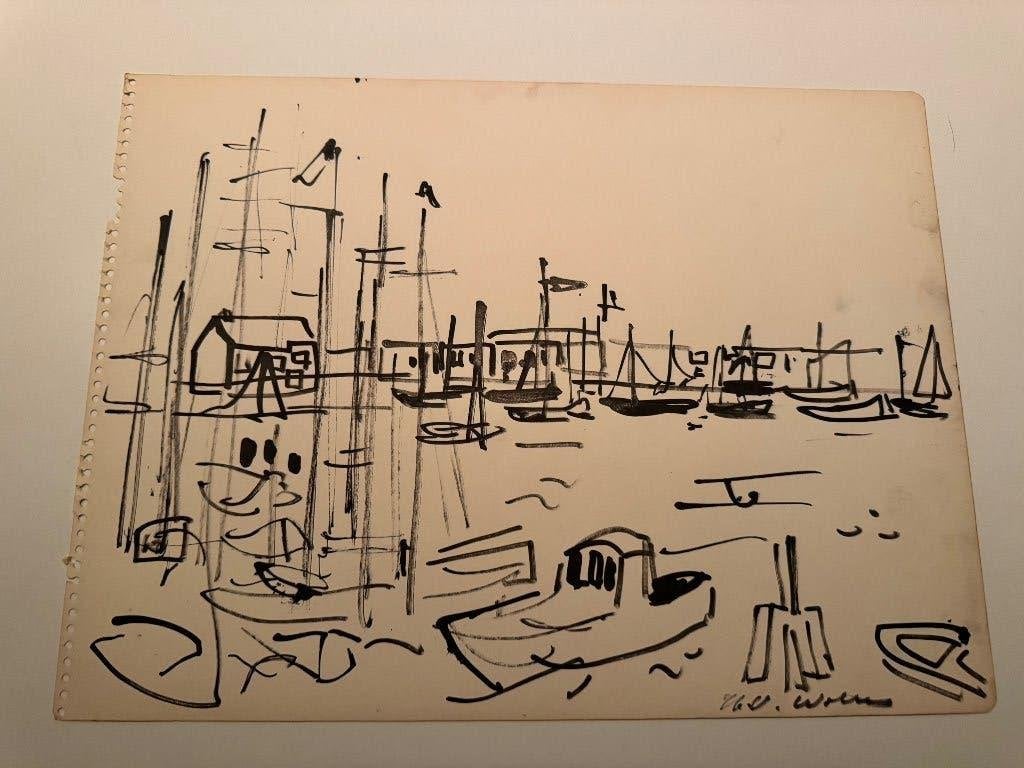 H V Wolvens: 3 originele tekeningen in Chinese inkt, Antiek en Kunst, Ophalen of Verzenden, Tekening, Pentekening, Gesigneerd