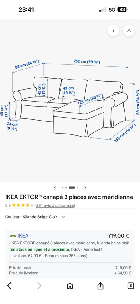 Canapé ikea beige avec méridien à droite ou gauche, Enlèvement