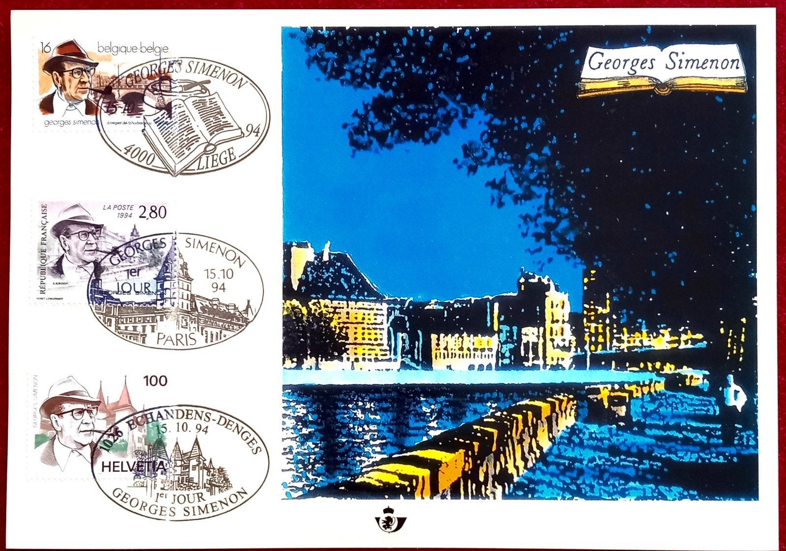1994 Carte-souvenir Georges Simenon - EC Suisse/France, Timbres & Monnaies, Oblitéré, Affranchi, Oblitération 1er jour, Envoi
