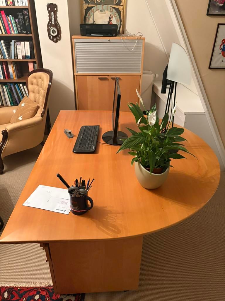 Design kersenhouten halfronde bureautafel, Ophalen, Demontabel, 160 cm, Gebruikt