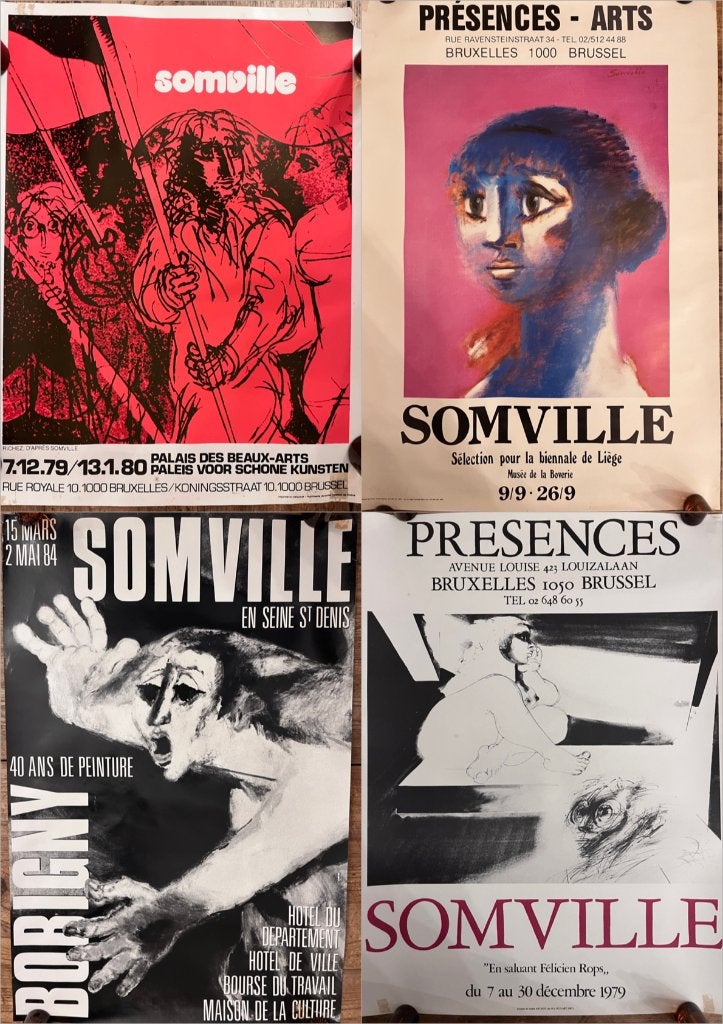 7 Affiches Roger Somville: Tentoonstellingen Brussel, Antiek en Kunst, Kunst | Litho's en Zeefdrukken, Origineel, Ophalen, Personages en Fantasiefiguren