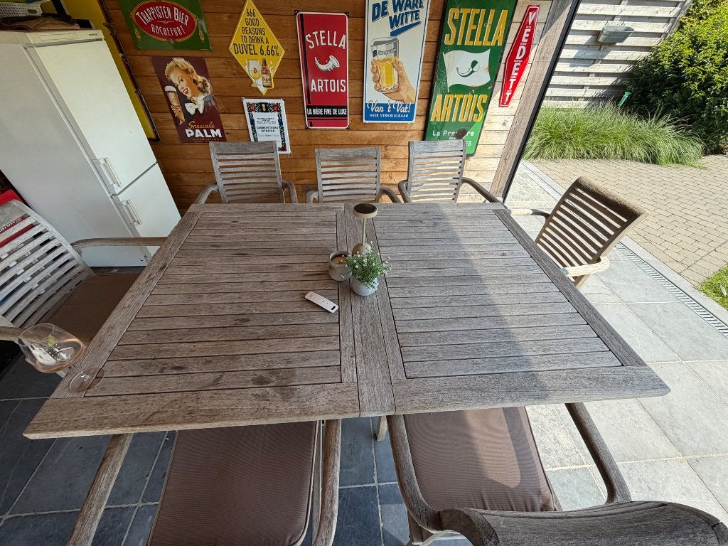 Teak tuintafelset met 8 bijhorende stoelen, Ophalen, Gebruikt, Teakhout, 8 zitplaatsen