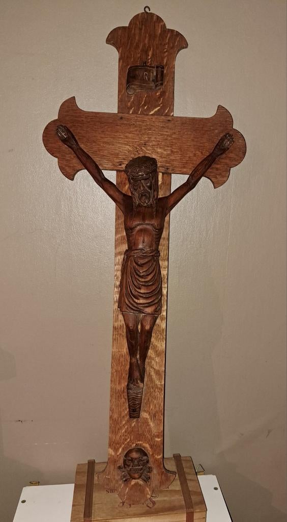 Kruisbeeld oud houten kruisbeeld, Antiek en Kunst, Verzenden